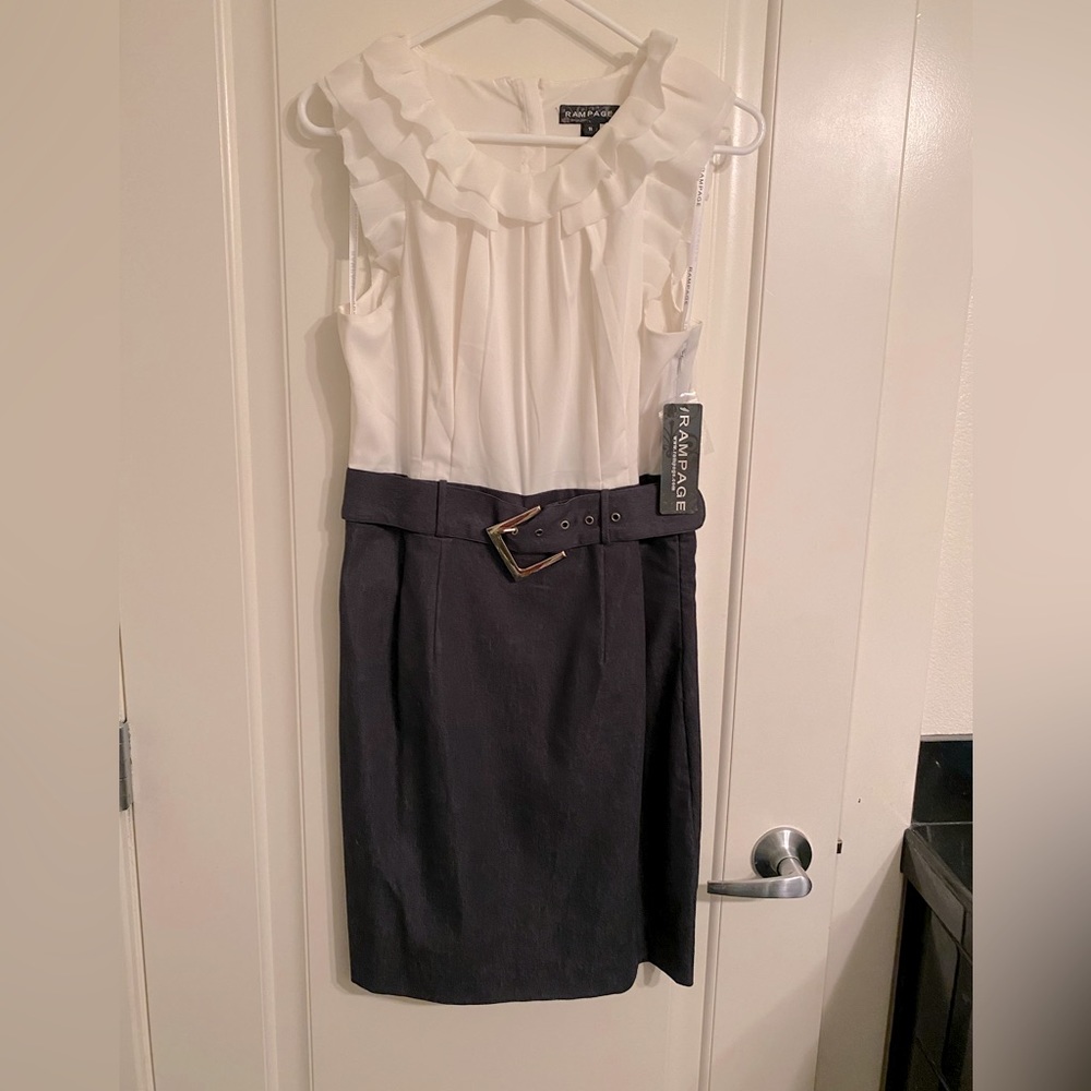Rampage white ruffle top with denim belted skirt bottom dress. Size L.